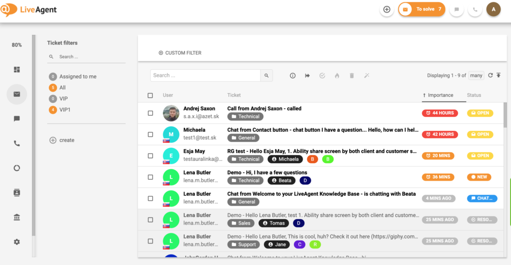 Oversigt over ticketing-grænsefladen i LiveAgent.