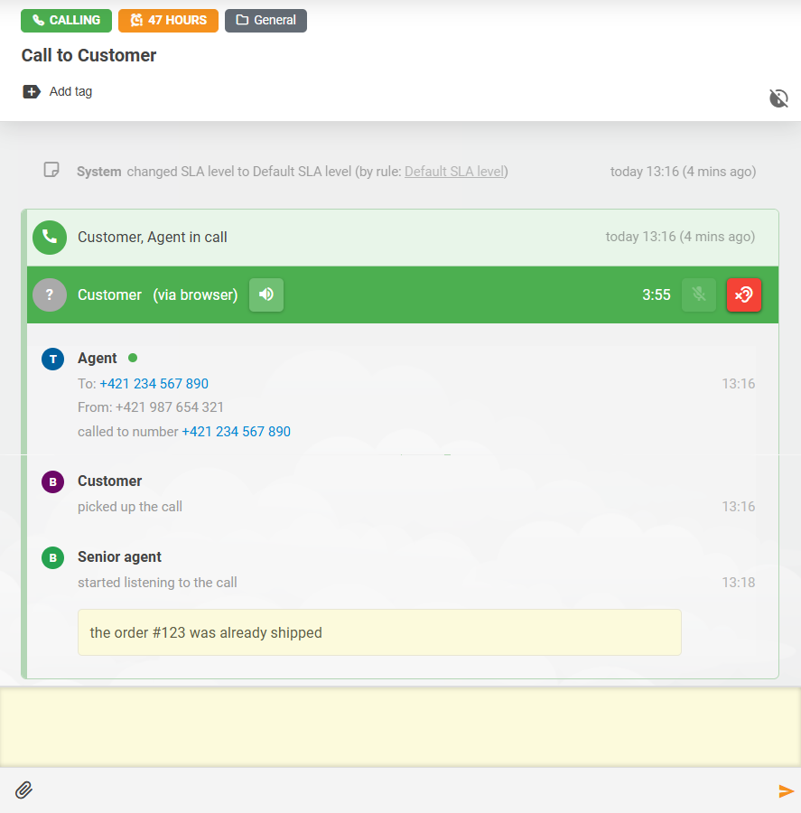 LiveAgent Call Listening-funktion med noteinteraktion mellem agenter