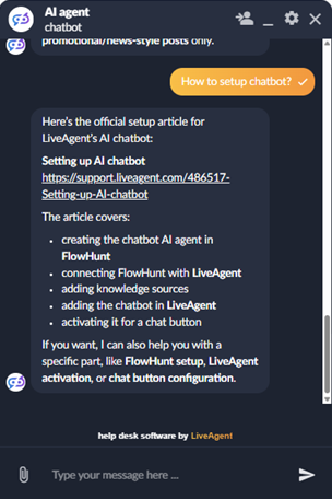 LiveAgent AI Agent chat med markdown-understøttelse