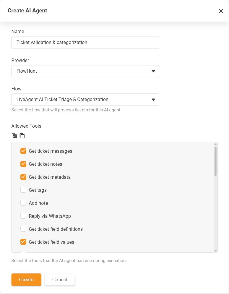 LiveAgent Create AI Agent-dialog med listen Allowed Tools over tilladte handlinger