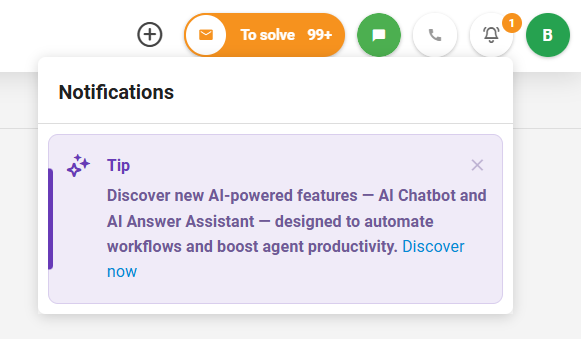 Skærmbillede af LiveAgents nye in-app-nyhedspanel med notifikationer og opdateringer