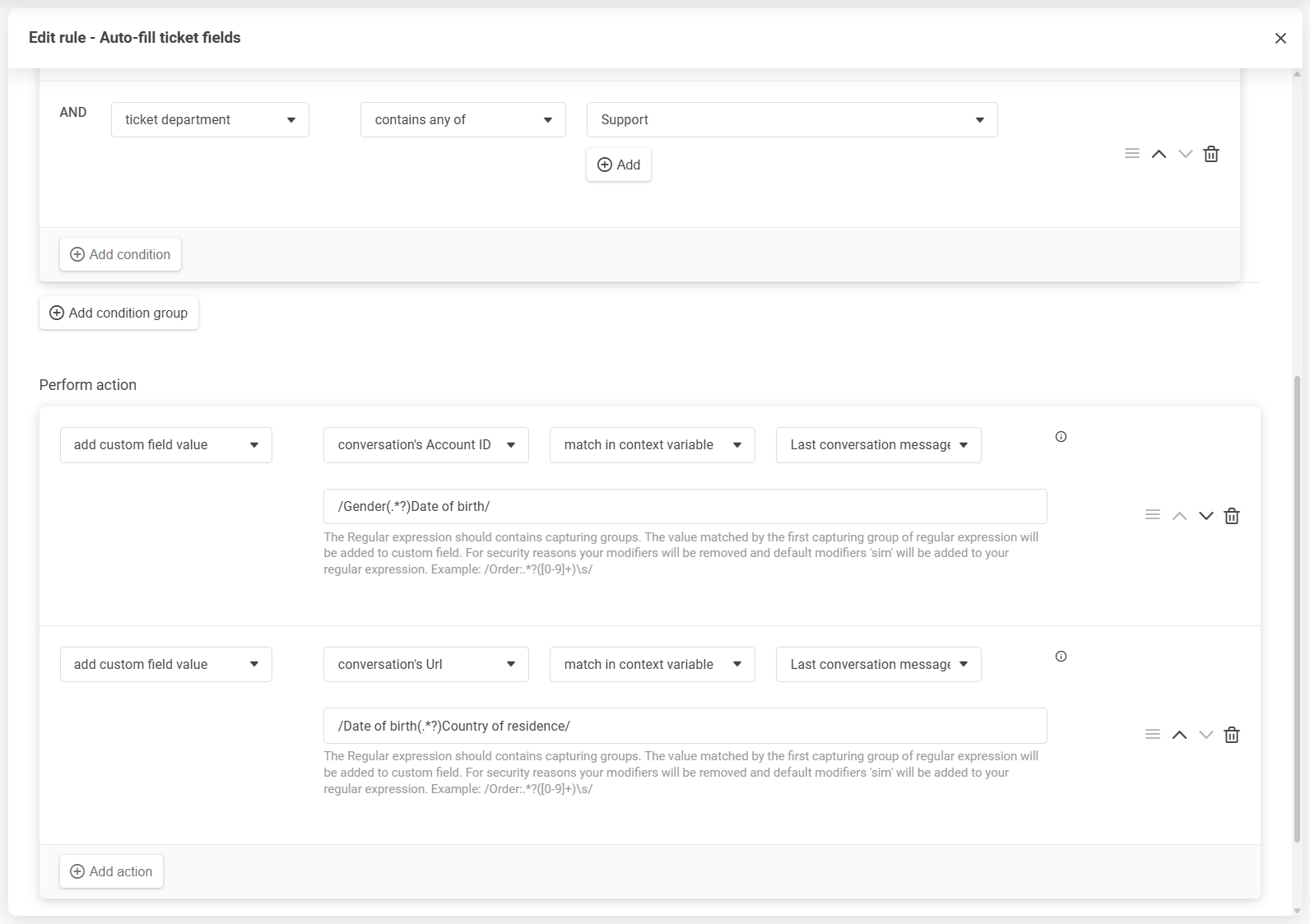 LiveAgent regeleditor med drag-and-drop-omorganisering af betingelser og handlinger