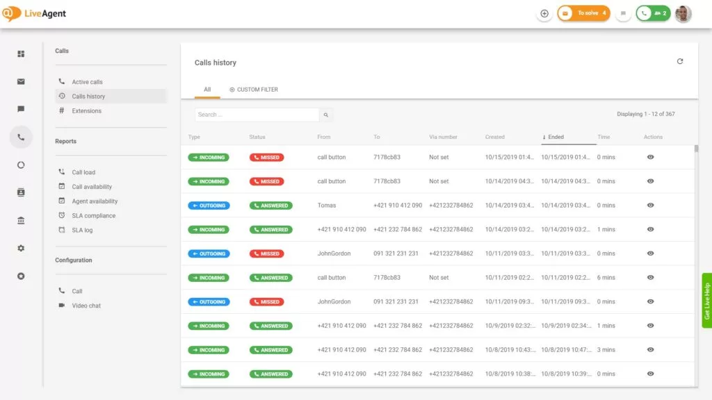 Oversigt over call center-grænsefladen i LiveAgent.