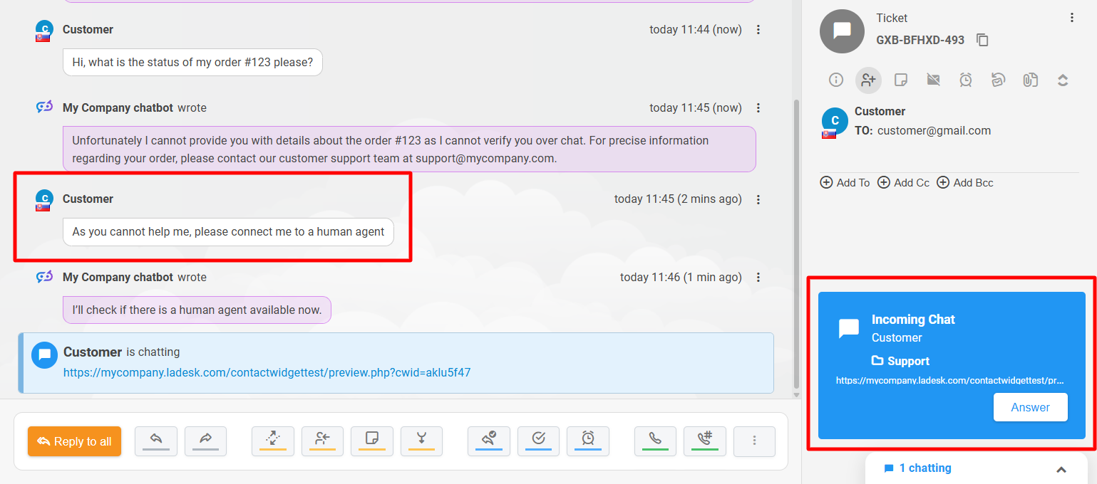 LiveAgent AI Menneskelig handover Preview