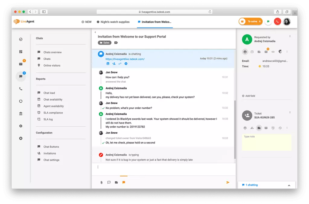 Oversigt over live chat-grænsefladen i LiveAgent.