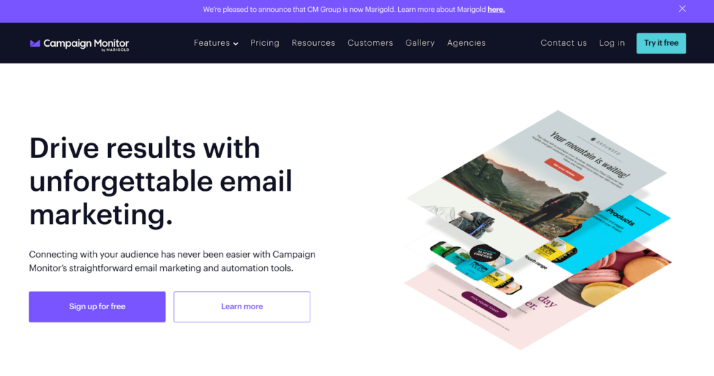 Campaign Monitor home page, efficient email management and marketing system