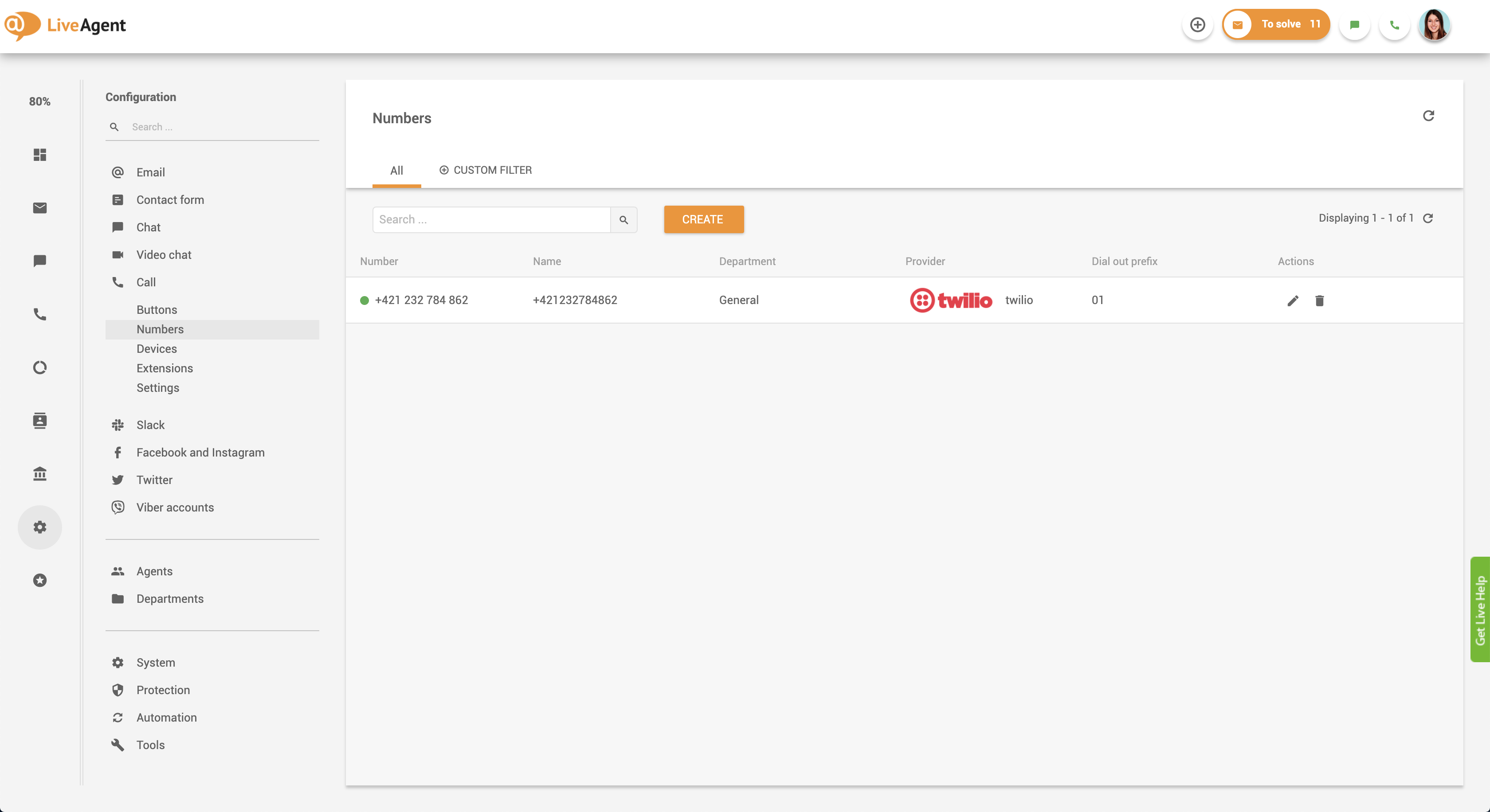Tilbagekaldopsætning i LiveAgent - forbind telefonnummer