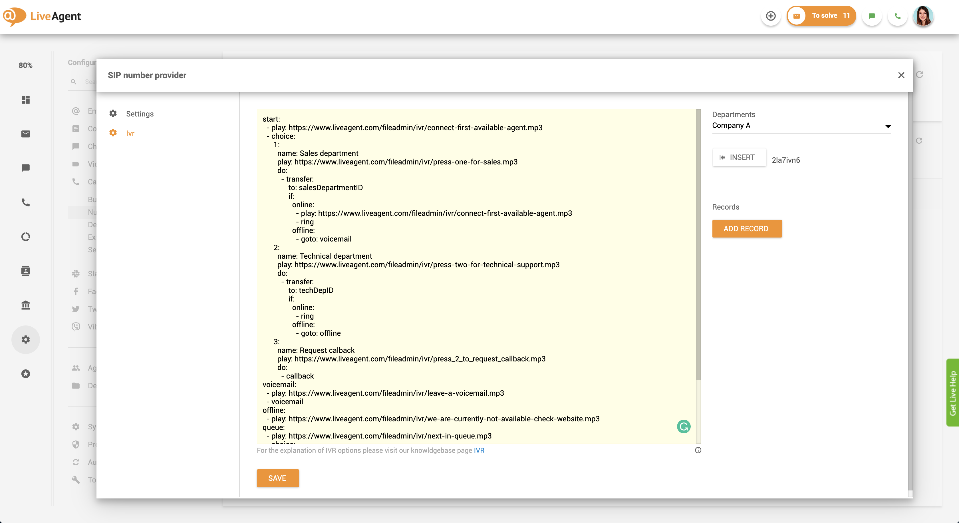 Tilbagekaldopsætning - IVR-script i LiveAgent