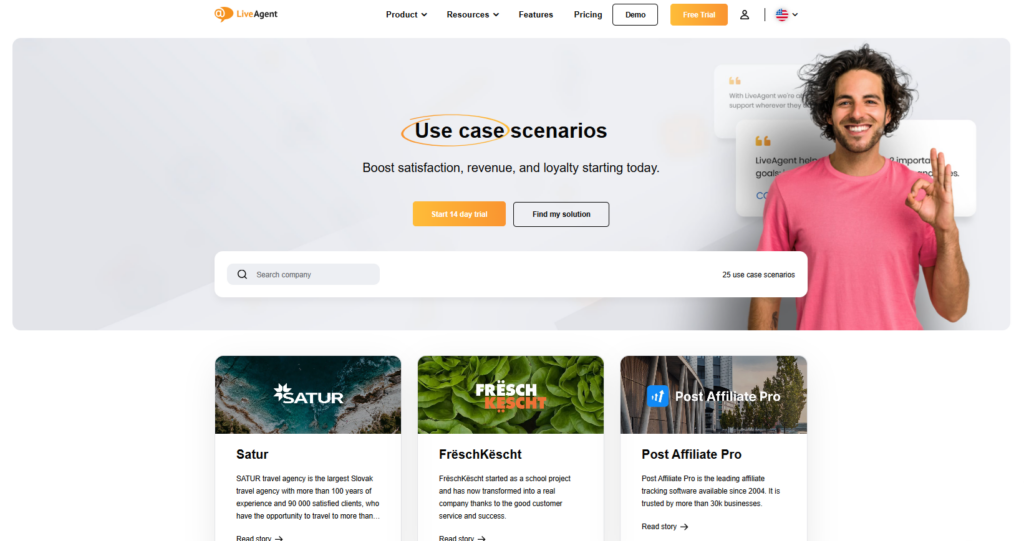 Skærmbillede af LiveAgents websted, hvor de deler deres kunders succeshistorier