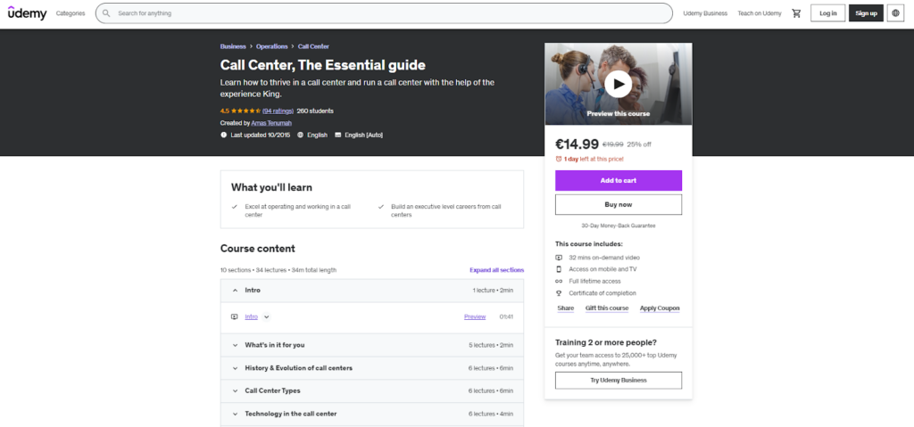 Et eksempel på et Udemy kursus for callcenter repræsentanter