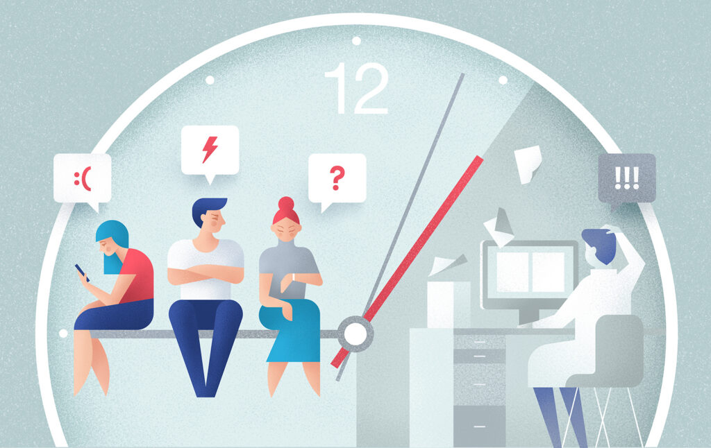 Illustration af kunder, der venter på kundesupport