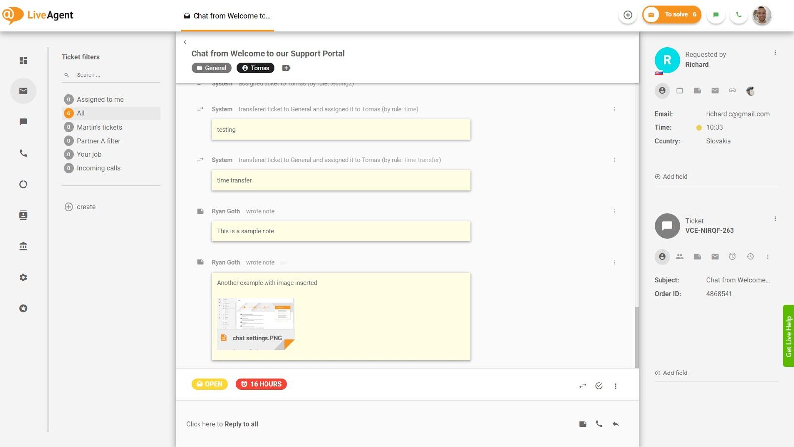 Du kan også markere vigtige noter i LiveAgent