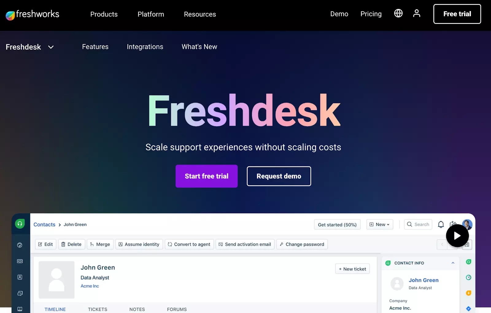 Freshdesk softwareværktøj startside screenshot