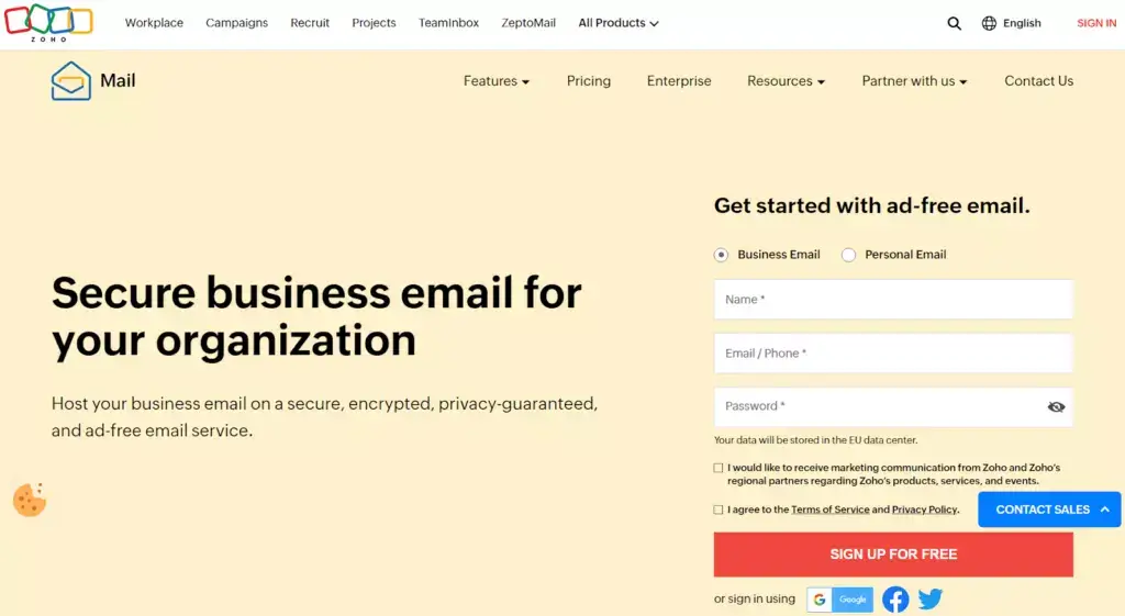 Zoho Mail homepage