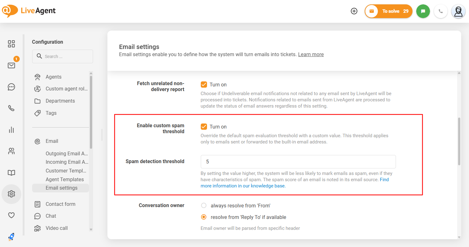 Grænsefladen for tilpasselig spamtærskel for LiveAgent
