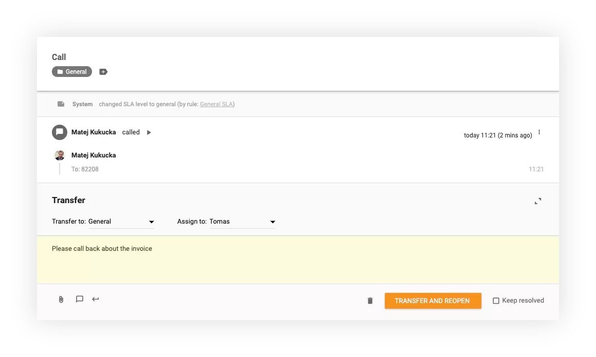 Skærmbillede viser, hvordan man overfører opkald i LiveAgent til andre afdelinger og agenter