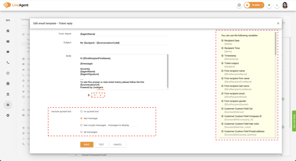 LiveAgent's e-mail-skabelon tilpasning