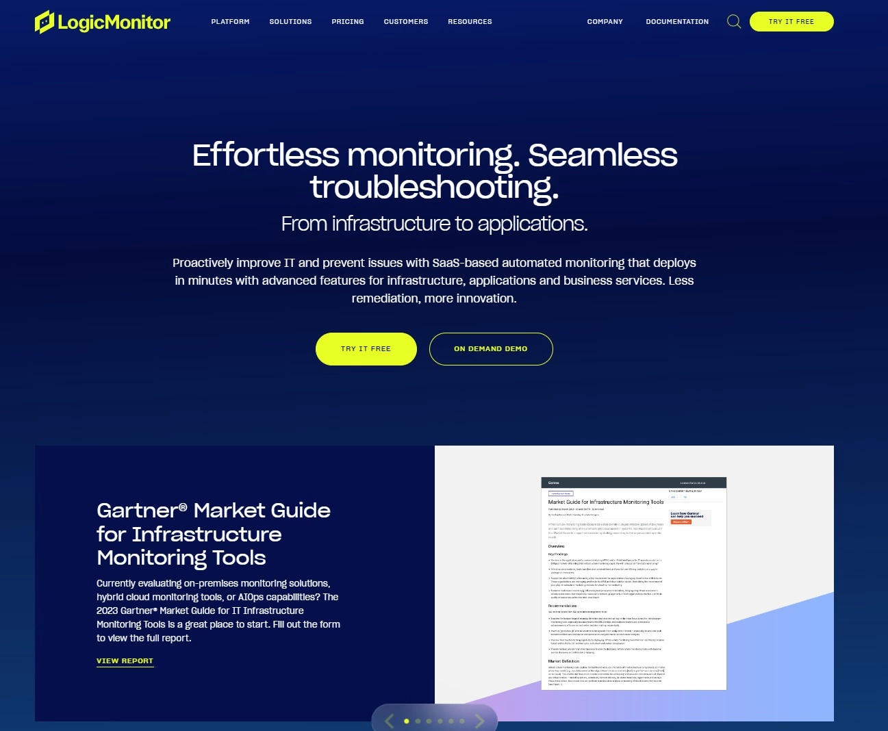 Screenshot af LogicMonitors hjemmeside - IT-ydelses-platform til problemfri overvågning og fejlfinding
