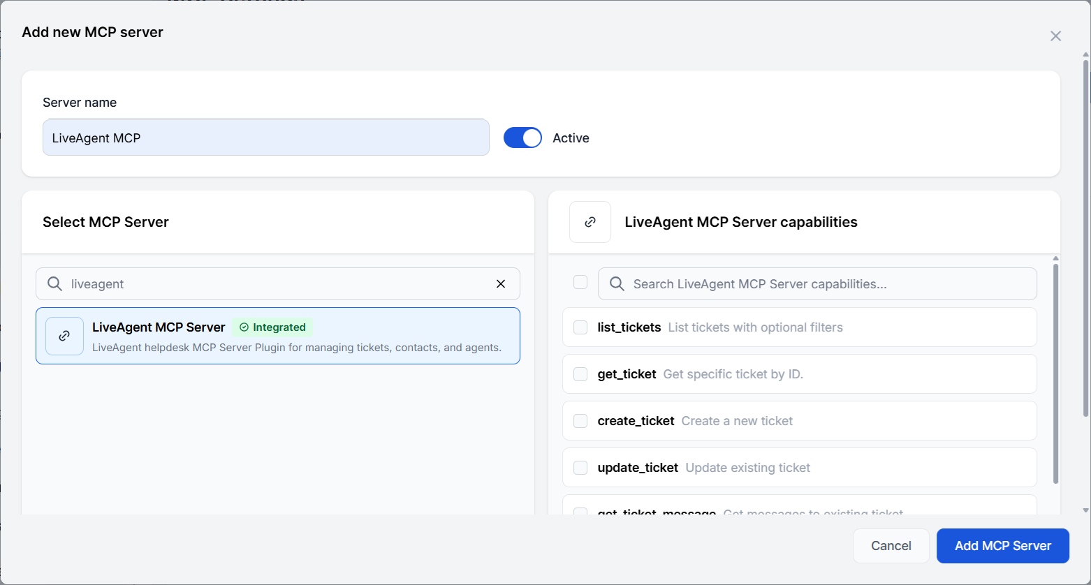 En ny MCP-server Liveagent blev tilføjet FlowHunt