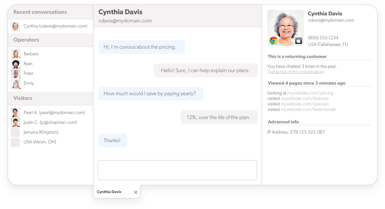 Agentvisning af igangværende live chat Olark live chat software