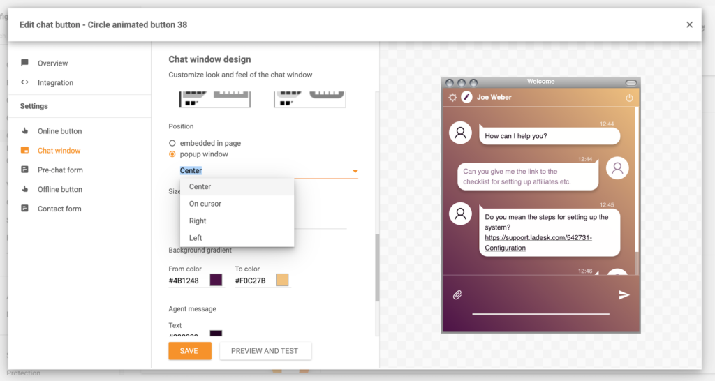 Pop-up-vindue-funktion LiveAgent