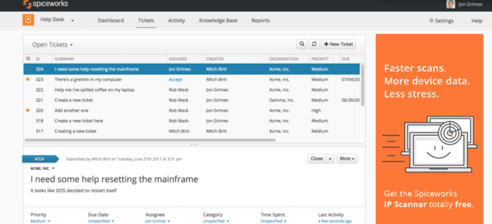 Spiceworks gratis ticketing-service