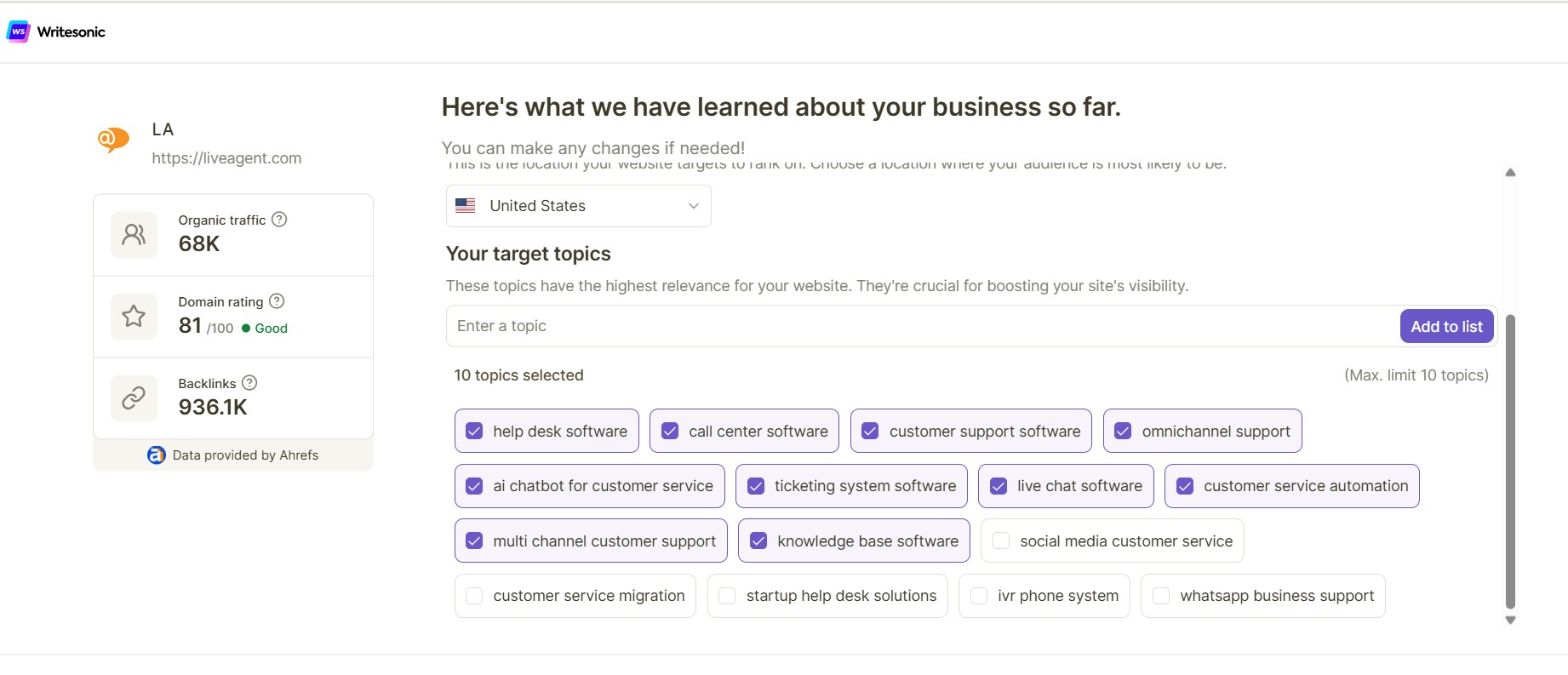 Writesonic AI hjemmeside SEO audit oversigt