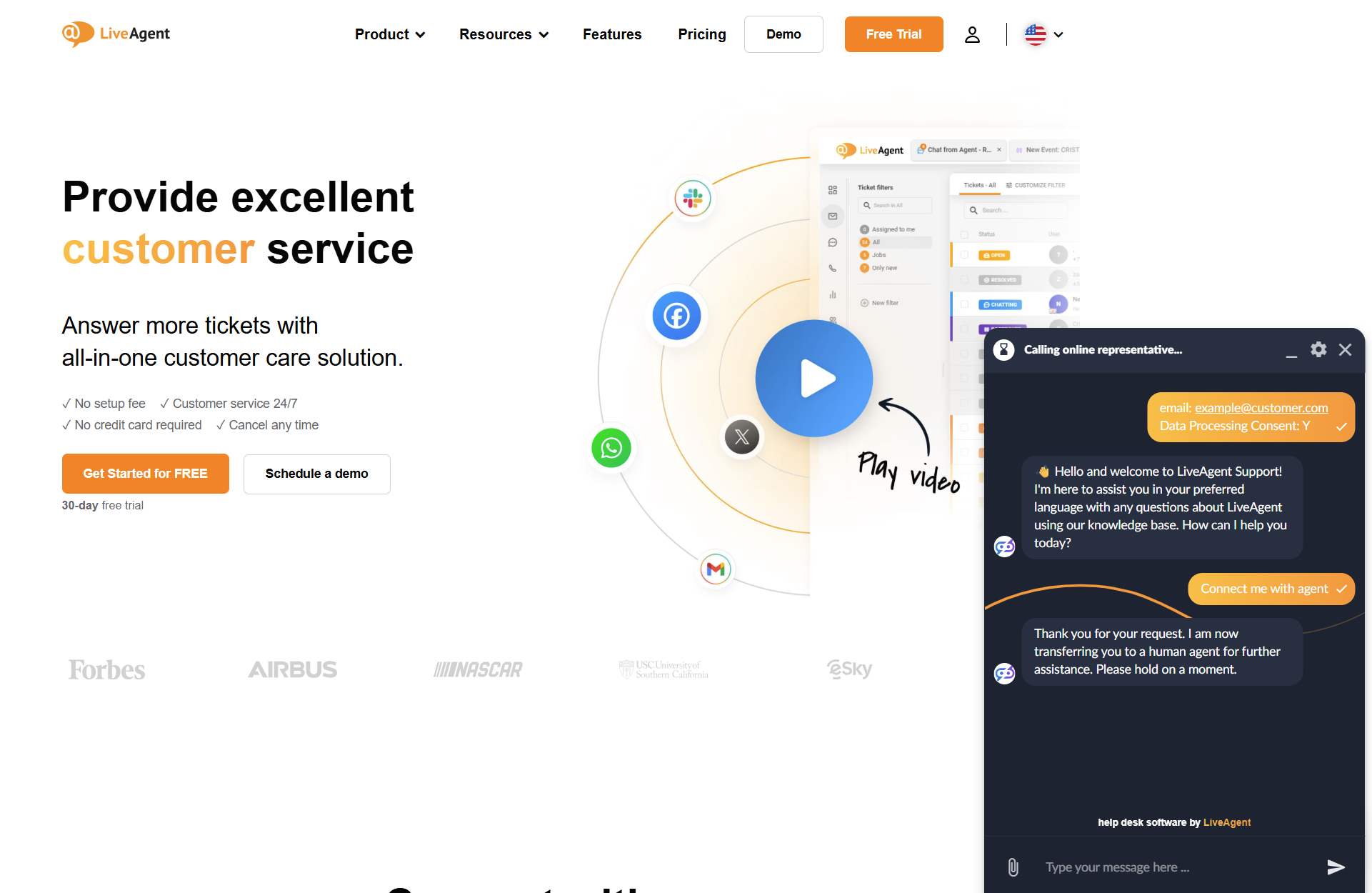 LiveAgent AI Chatbot-samtale med en bot på LiveAgent-webstedet