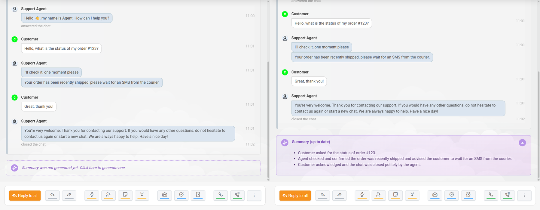 LiveAgent AI-billetresumé genereret for en chatsamtale