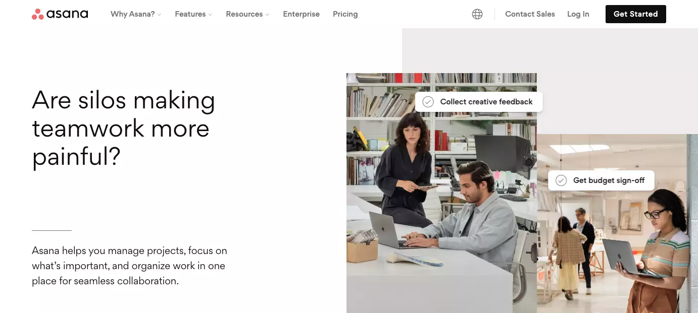 Asana's hjemmeside - forbedr effektiviteten i din organisation ved at forbedre teamsamarbejde, organisere arbejde og opretholde gennemsigtighed.