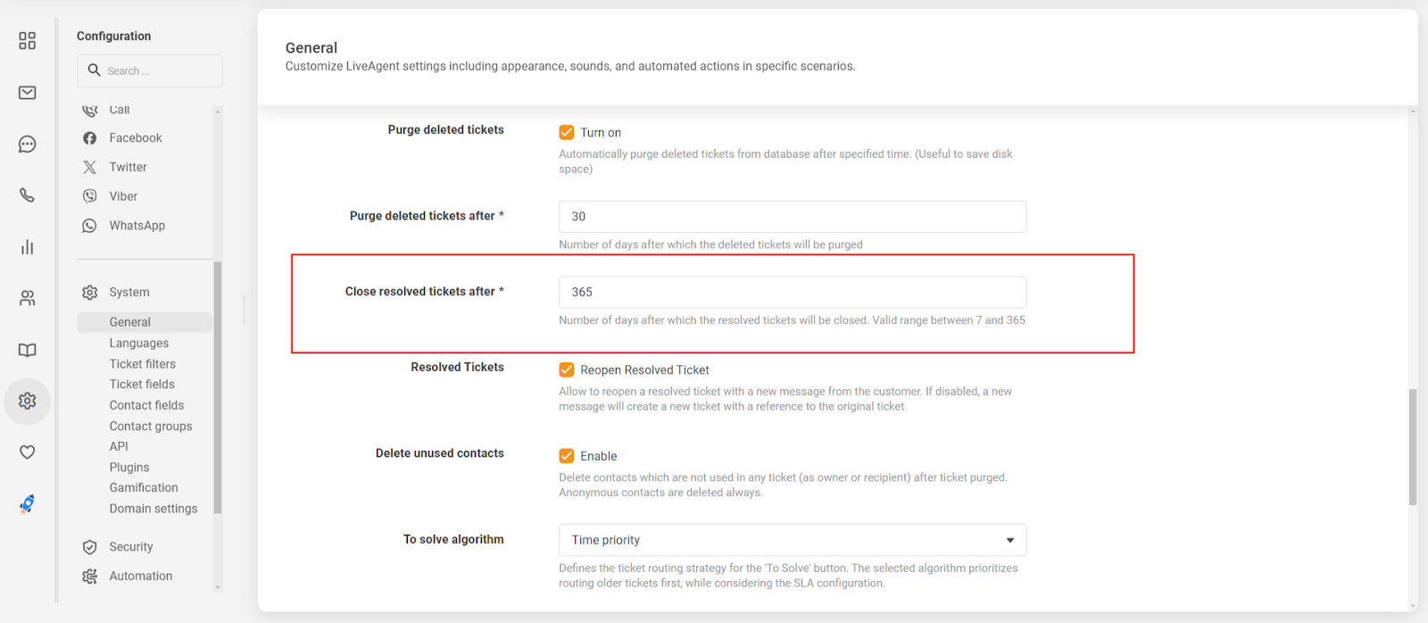 Automatisk lukning af løste tickets-funktion