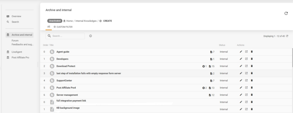 Eksempel på LiveAgent's interne videnbase