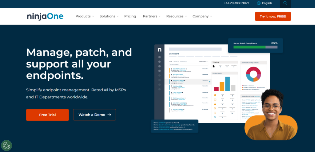 NinjaOne hjemmeside - IT management platform