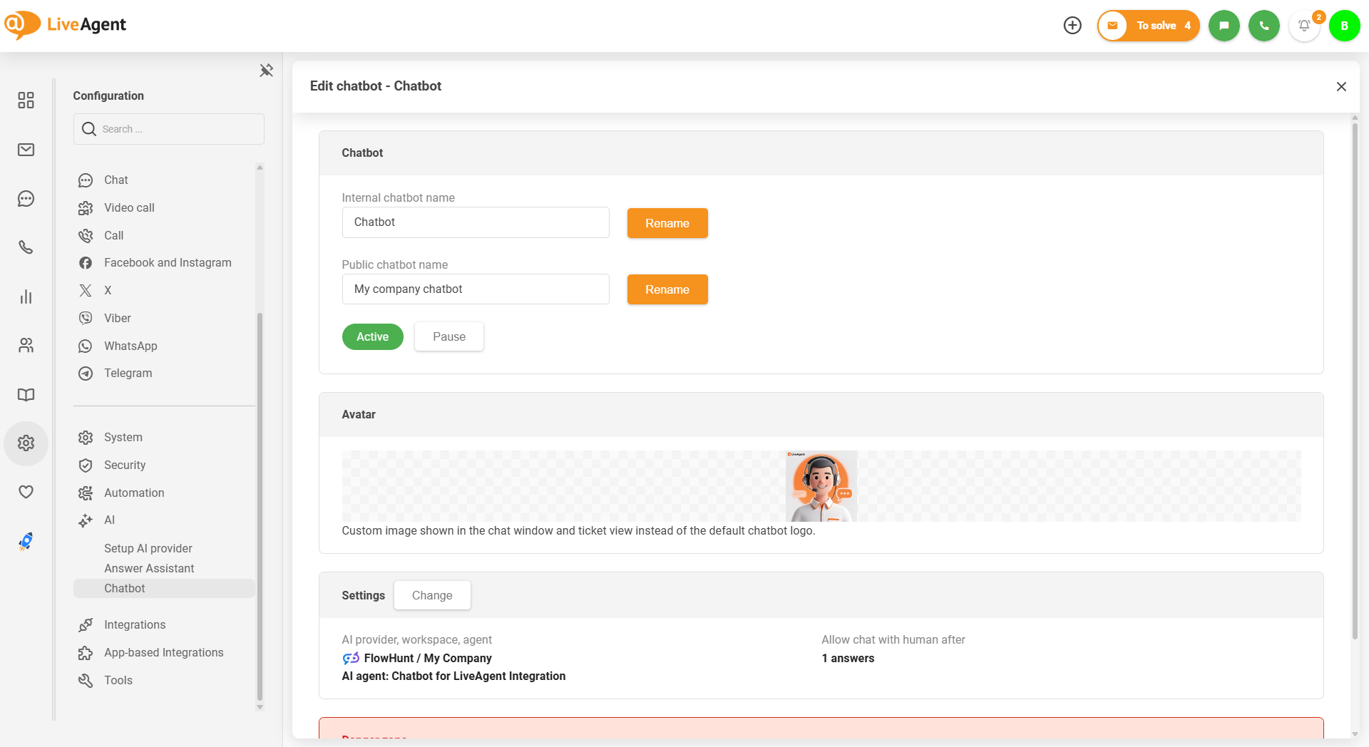 LiveAgent AI-chatbot med brugerdefineret avatar-billede upload