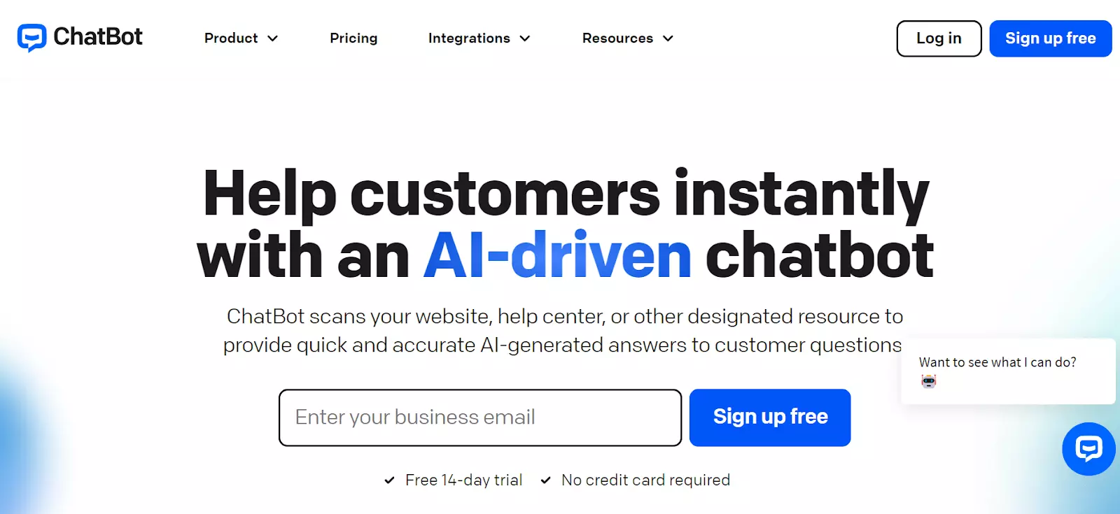 Skærmbillede af ChatBot-hjemmeside - giv AI-genererede svar med deres kraftfulde chatbot