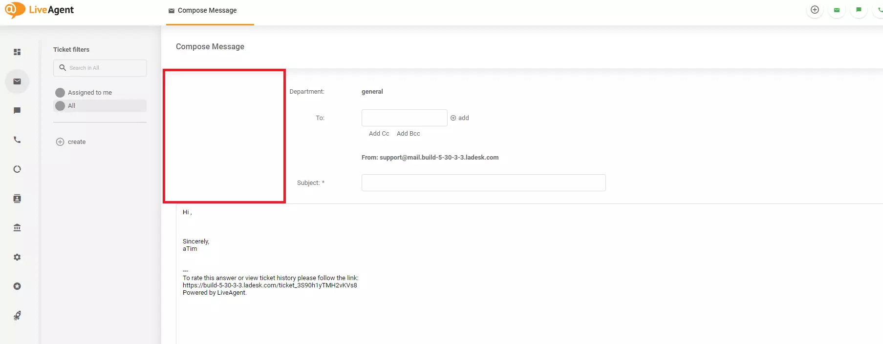 A picture showing a design issue in the Compose message screen in LiveAgent