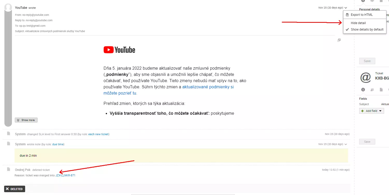 Et billede, der viser en e-mailkildefejl efter fletning af to billetter, et problem, der var til stede i tidligere versioner af LiveAgent