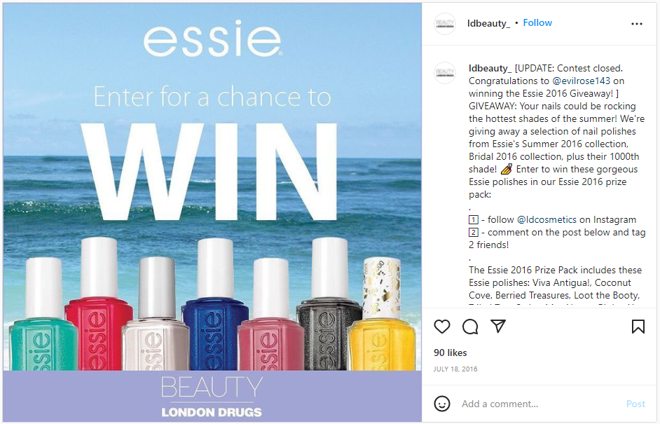 Essie-brand social media giveaway-konkurrence, der beder følgere om at tagge venner