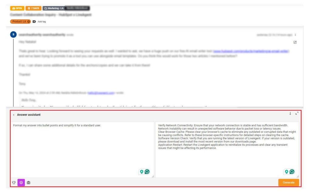 Billede, der viser den brugerdefinerede answer assistant-mulighed med en prompt og besked for at demonstrere denne assistent