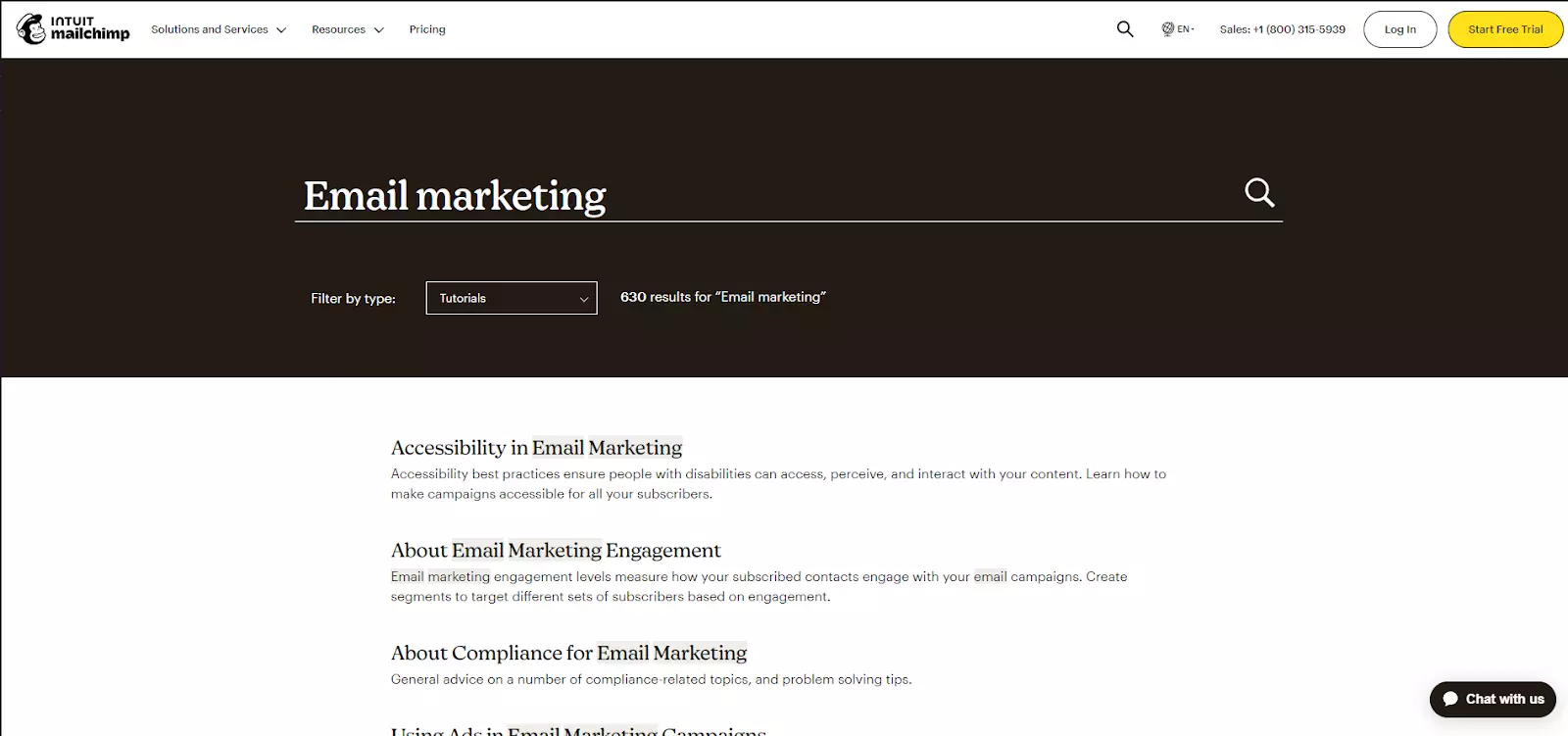 Eksempel på søgefunktion i MailChimp's vidensdatabase