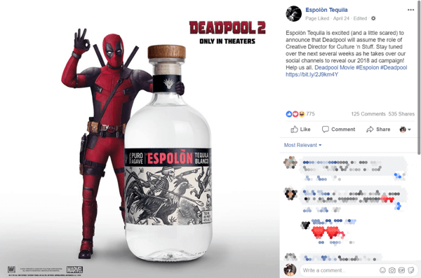 Tequila-brandpartnershipmeddelelse med Deadpool 2-film på Facebook