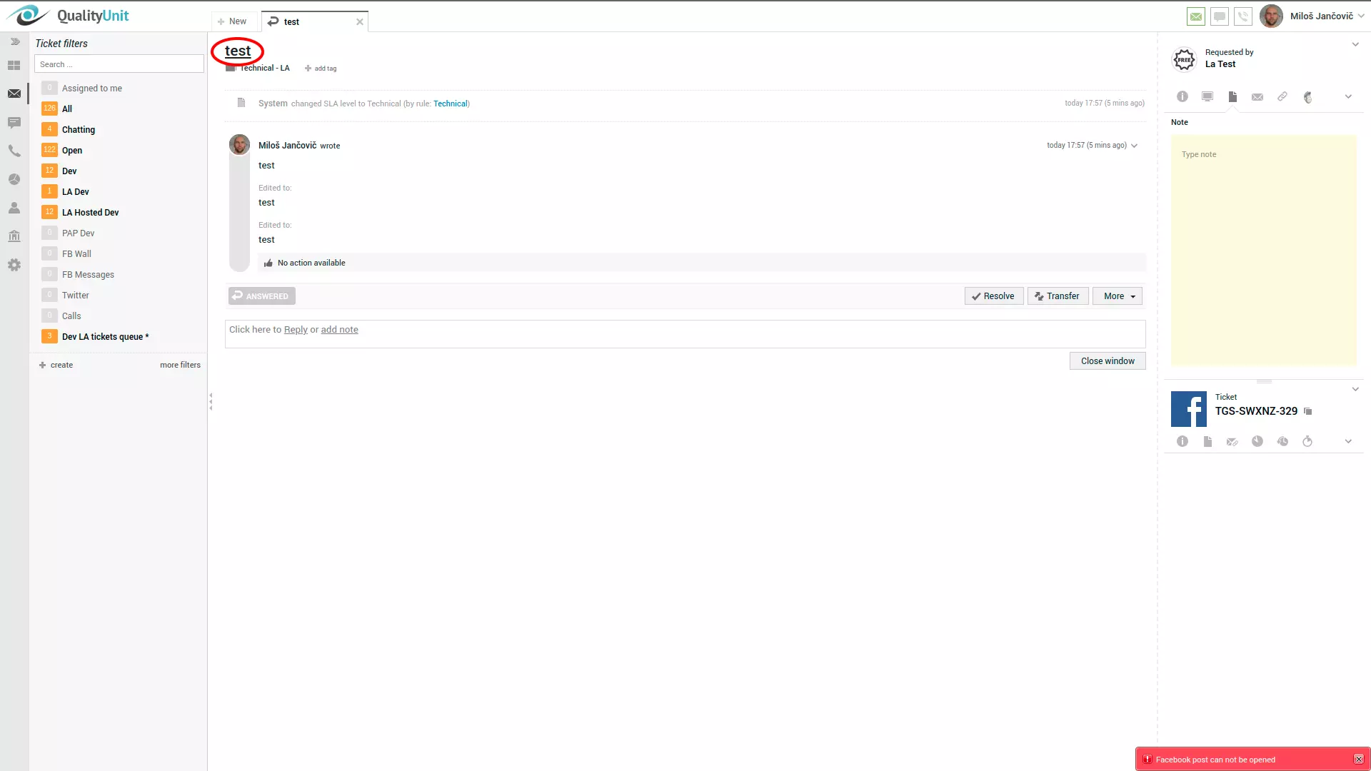 Facebook-posteringsfejl i højre hjørne af LiveAgent-brugergrænsefladen