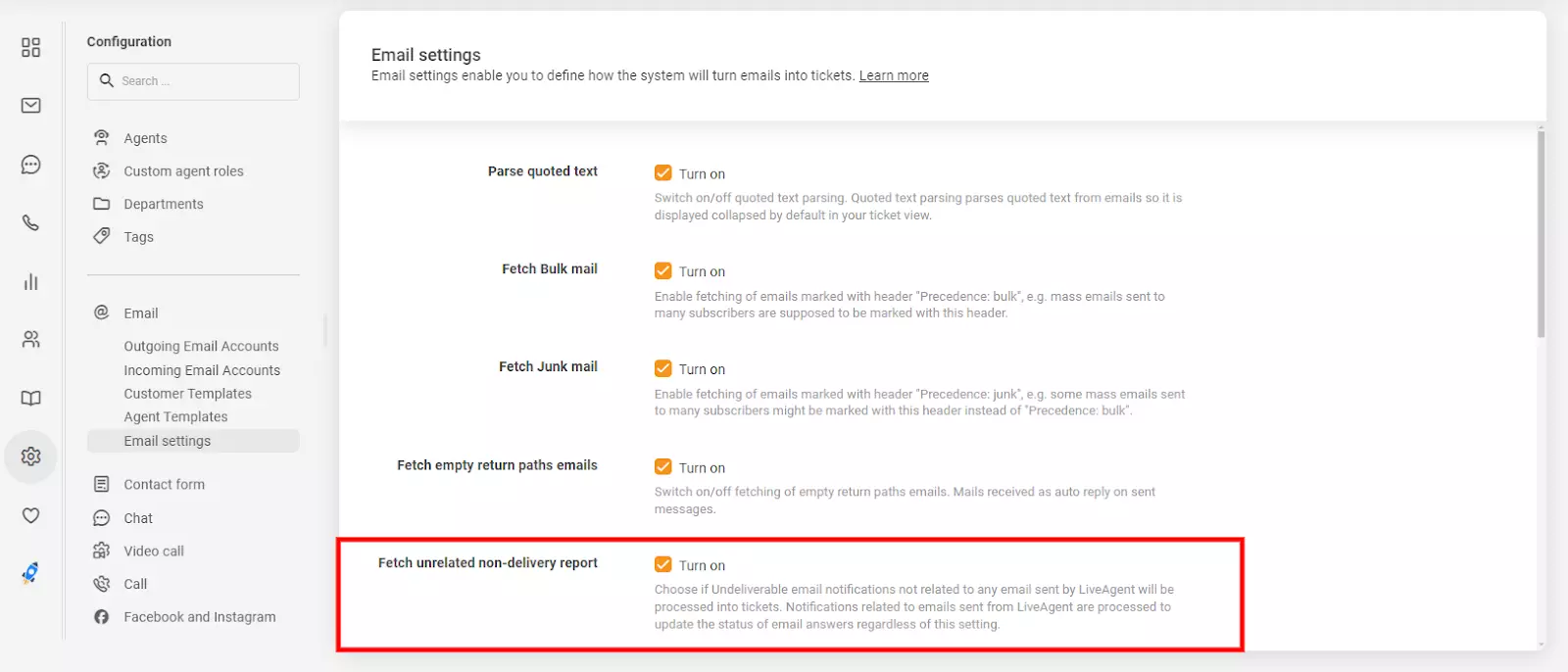 Email settings in LiveAgent showing the 'fetch unrelated non-delivery report' option