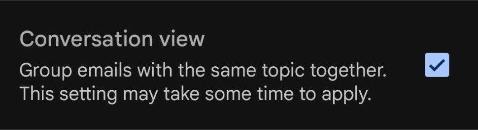 Et afkrydsningsfelt til aktivering og deaktivering af Samtaleoversigt i Gmail-app