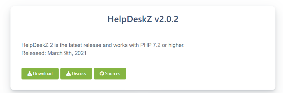 Et eksempel på downloadside for et open source ticketing system med downloadknappen, diskussion og kilder