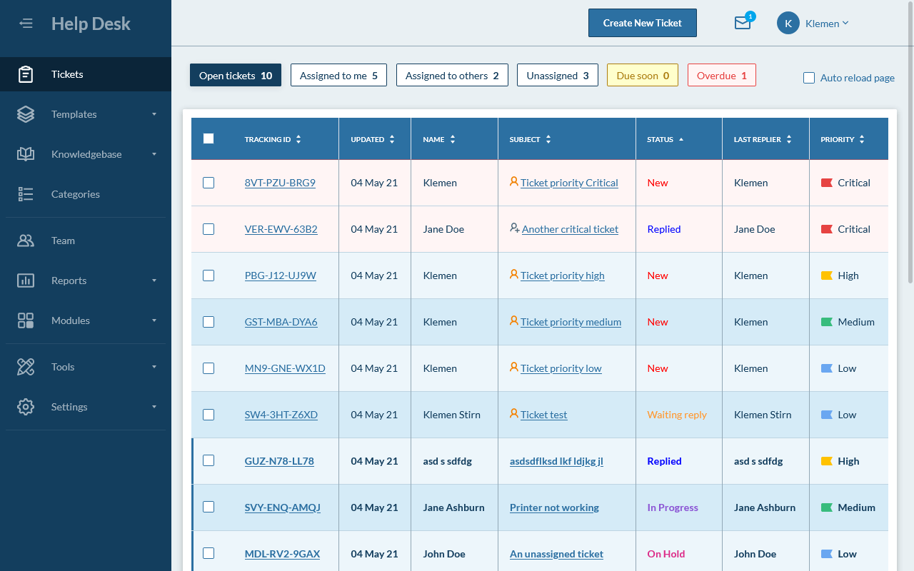 Hesk gratis selvhostet helpdesk - ticketliste i adminpanelet