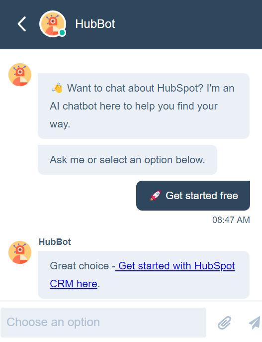 Billede viser, hvordan en live chat-samtale gennem HubSpot ser ud