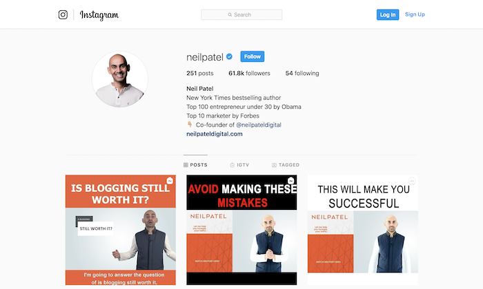 Neil Patel deler digital marketing-ekspertise på Instagram
