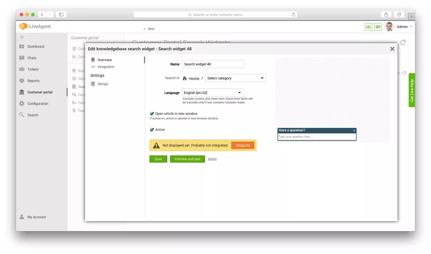 Rediger knowledge base-søgewidget i LiveAgent