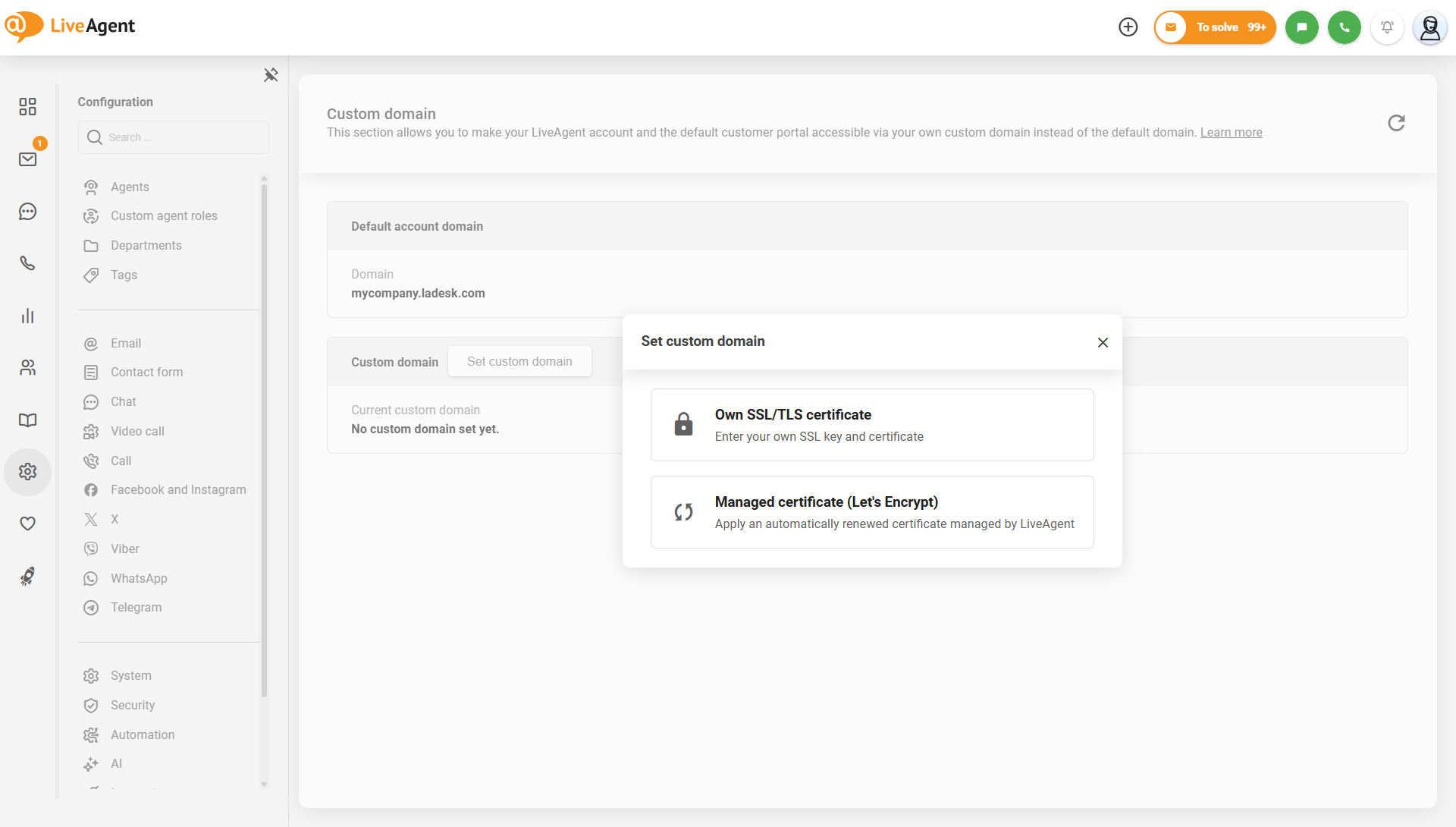 LiveAgent indstillinger for brugerdefineret domæne med Let's Encrypt administreret certifikatmulighed